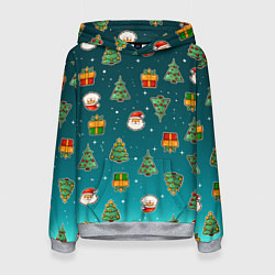 Толстовка-худи женская Подарки новогодние елки и Санта - паттерн градиент, цвет: 3D-меланж