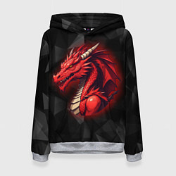 Толстовка-худи женская Красный дракон на полигональном черном фоне, цвет: 3D-меланж
