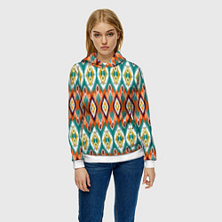 Толстовка-худи женская Орнамент икат - имитация аткласной ткани, цвет: 3D-белый — фото 2