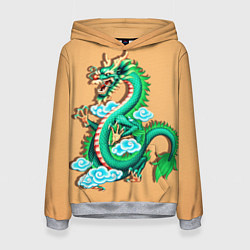 Толстовка-худи женская Зелёный дракон на оранжевой текстуре, цвет: 3D-меланж