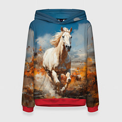 Толстовка-худи женская Белая лошадь скачет в поле, цвет: 3D-красный