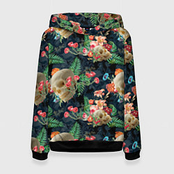 Толстовка-худи женская Узор из черепов с цветами и листьями, цвет: 3D-черный