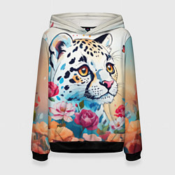 Толстовка-худи женская Мультяшный леопард в цветах, цвет: 3D-черный