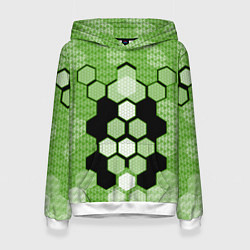 Толстовка-худи женская Зелёная кибер броня hexagons, цвет: 3D-белый