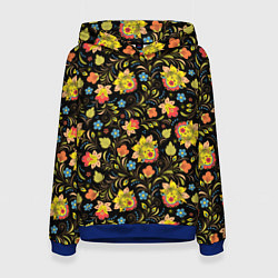 Толстовка-худи женская Хохломская роспись разноцветные цветы, цвет: 3D-синий