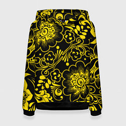 Толстовка-худи женская Хохломская роспись золотые цветы на чёроном фоне, цвет: 3D-черный