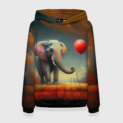 Толстовка-худи женская Грустный слон и красный шарик, цвет: 3D-черный