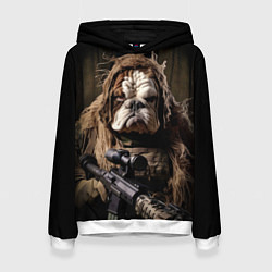 Толстовка-худи женская Английский бульдог суровый воин, цвет: 3D-белый