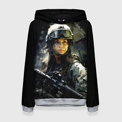 Толстовка-худи женская Девушка воин в боевой экипировке, цвет: 3D-меланж