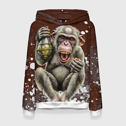 Толстовка-худи женская Обезьяна с гранатой в лапе, цвет: 3D-белый