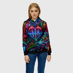 Толстовка-худи женская Неоновое сердце - кардиограмма, цвет: 3D-черный — фото 2