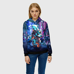 Толстовка-худи женская Белый медведь в мегаполисе - киберпанк, цвет: 3D-черный — фото 2