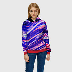 Толстовка-худи женская Белые и красные линии на синем фоне, цвет: 3D-красный — фото 2
