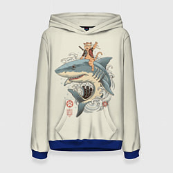 Толстовка-худи женская Кот якудза верхом на акуле, цвет: 3D-синий