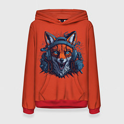 Толстовка-худи женская Злой лис в наушниках от нейросети, цвет: 3D-красный