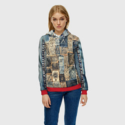 Толстовка-худи женская Татуировки племени майя пэчворк, цвет: 3D-красный — фото 2