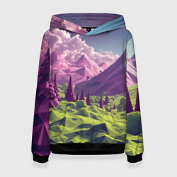 Толстовка-худи женская Геометрический зеленый пейзаж и фиолетовые горы, цвет: 3D-черный