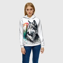 Толстовка-худи женская Портрет волка на фоне природы, цвет: 3D-белый — фото 2