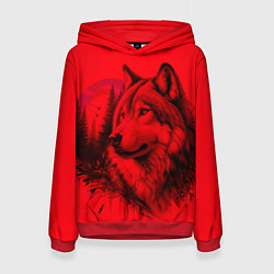 Толстовка-худи женская Рисунок волка на красном, цвет: 3D-красный