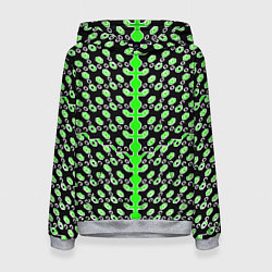 Толстовка-худи женская Зелёные киберпанк ячейки на чёрном фоне, цвет: 3D-меланж