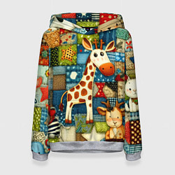 Толстовка-худи женская Жираф и компания - пэчворк нейросеть, цвет: 3D-меланж
