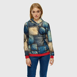 Толстовка-худи женская Denim patchwork - ai art, цвет: 3D-красный — фото 2