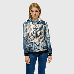 Толстовка-худи женская Пэчворк с якорем - джинсовка моряка, цвет: 3D-черный — фото 2