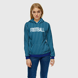Толстовка-худи женская Синий с белым полосатый узор с надписью футбол, цвет: 3D-синий — фото 2