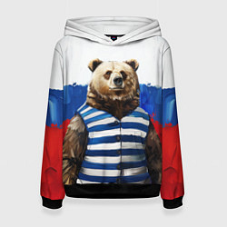 Толстовка-худи женская Медведь и флаг России, цвет: 3D-черный