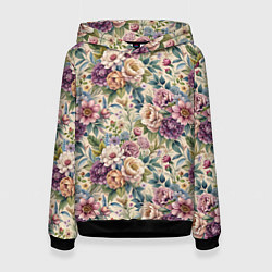 Толстовка-худи женская Нежные цветочные мотивы паттерны, цвет: 3D-черный