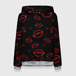 Толстовка-худи женская Паттерн красные губы на черном - lips red, цвет: 3D-меланж