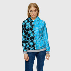 Толстовка-худи женская Техно-киберпанк шестиугольники голубой и чёрный, цвет: 3D-меланж — фото 2