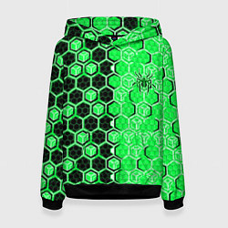 Толстовка-худи женская Техно-киберпанк шестиугольники зелёный и чёрный с, цвет: 3D-черный