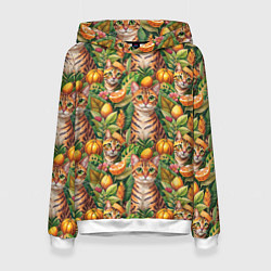 Толстовка-худи женская Бенгальский котик в тропических листьях, цвет: 3D-белый