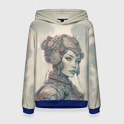 Толстовка-худи женская Кибернетическая девушка воин, цвет: 3D-синий