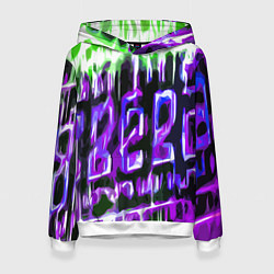 Толстовка-худи женская Фиолетово-зелёная абстракция на чёрном фоне, цвет: 3D-белый