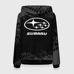 Толстовка-худи женская Subaru speed на темном фоне со следами шин, цвет: 3D-черный