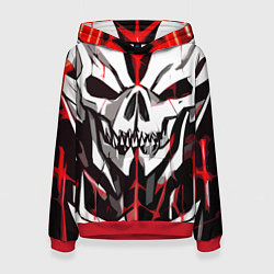 Толстовка-худи женская Белый череп и красные полосы на чёрном фоне, цвет: 3D-красный
