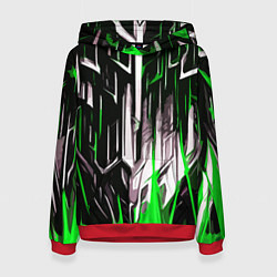 Толстовка-худи женская Зелёно-белые вертикальные полосы на чёрном фоне, цвет: 3D-красный