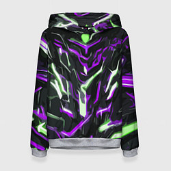 Толстовка-худи женская Фиолетово-белые абстрактные линии на чёрном фоне, цвет: 3D-меланж