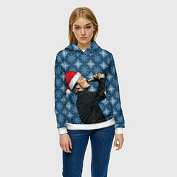 Толстовка-худи женская Мадс Миккельсен в шапке Санты Клауса, цвет: 3D-белый — фото 2