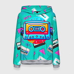Толстовка-худи женская Кассеты и надпись 90s, цвет: 3D-меланж
