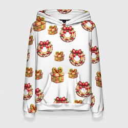 Толстовка-худи женская Много новогодних пончиков и подарков с бантиком и, цвет: 3D-белый