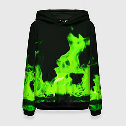 Толстовка-худи женская Кислотный зелёный огонь, цвет: 3D-черный
