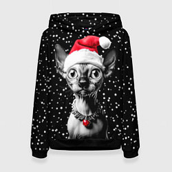 Толстовка-худи женская Сфинкс в шапке Санты, цвет: 3D-черный