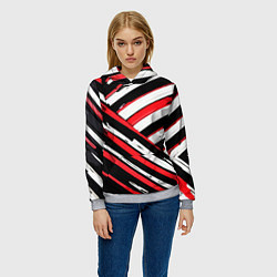 Толстовка-худи женская Красно-белые диагональные полосы на чёрном фоне, цвет: 3D-меланж — фото 2