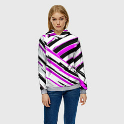 Толстовка-худи женская Розово-чёрные полосы на белом фоне, цвет: 3D-меланж — фото 2