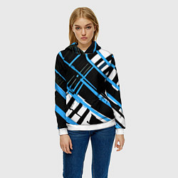 Толстовка-худи женская Сине-белые линии на чёрном фоне, цвет: 3D-белый — фото 2