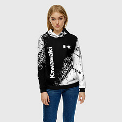 Толстовка-худи женская Kawasaki - следы от шин, цвет: 3D-черный — фото 2