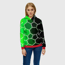 Толстовка-худи женская Белые шестиугольники на чёрно-зелёном фоне, цвет: 3D-красный — фото 2